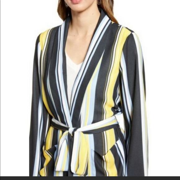 Halogen Black Lucinda Striped Tie Waist Blazer Black Yellow Blue 1X - Picture 2 of 4